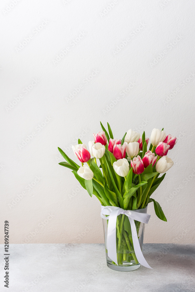 Fototapeta premium Beautiful spring bouquet of pink and white tulips in a glass vase, birthday or March 8th or mother's day concept