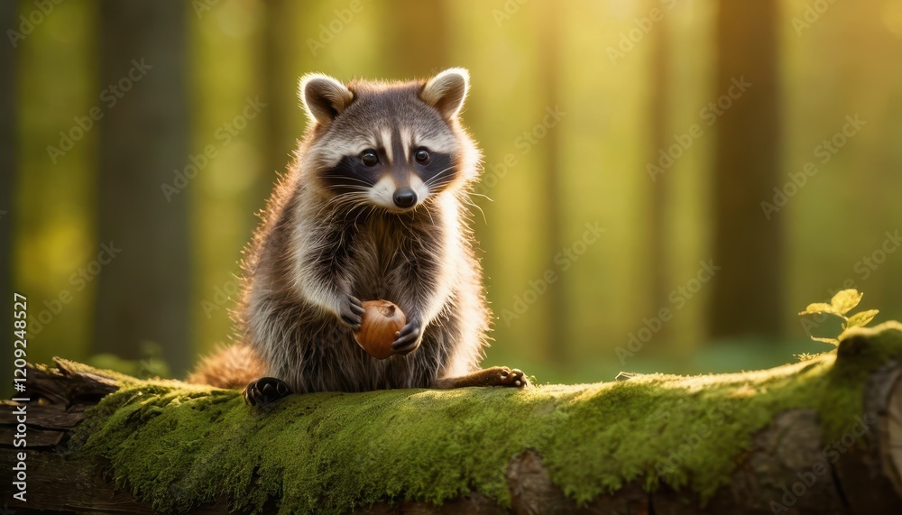 Obraz premium Adorable raccoon sitting on a mossy log, holding an acorn in its tiny paws, surrounded by a serene forest bathed in warm sunlight