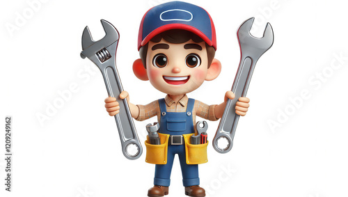 Child mechanic with tools in workshop cartoon style playful environment creative concept