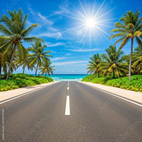 beach road with palm trees. Road asphalt with palm trees on side and beach view holiday trip vacation island.