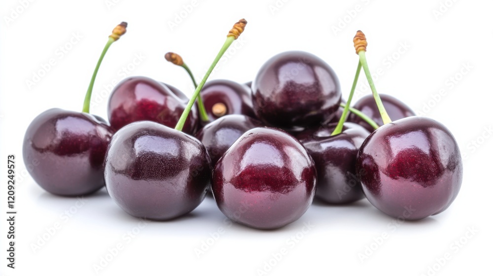 A bunch of deep-red cherries with smooth skins and small green stems, Each cherry’s shiny surface and rich color captured in exquisite detail A bunch of deep-red cherries with smooth skins and small green stems, Each cherry’s shiny surface and rich color captured in exquisite detail