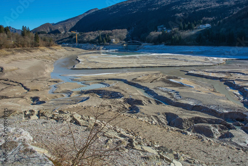 Bilde på lerret Lago di Barcis - Barcis artificial lake drained of water for routine maintenance, in Friuli-Venezia Giulia, north east Italy