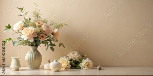 Elegant Floral Arrangement with Cream Roses and Decorative Vessels on Neutral Background