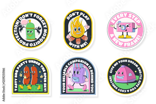 Sticker collection groovy. Set of camping stickers in Y2k style. Set of travel stickers in y2k 2000s style. Comic retro character vintage