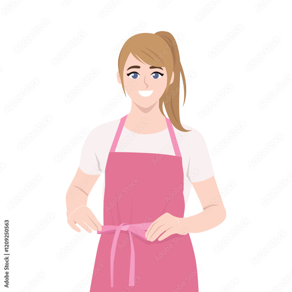 Happy young woman wearing apron uniform. Flat vector Character Illustration Happy young woman wearing apron uniform. Flat vector Character Illustration