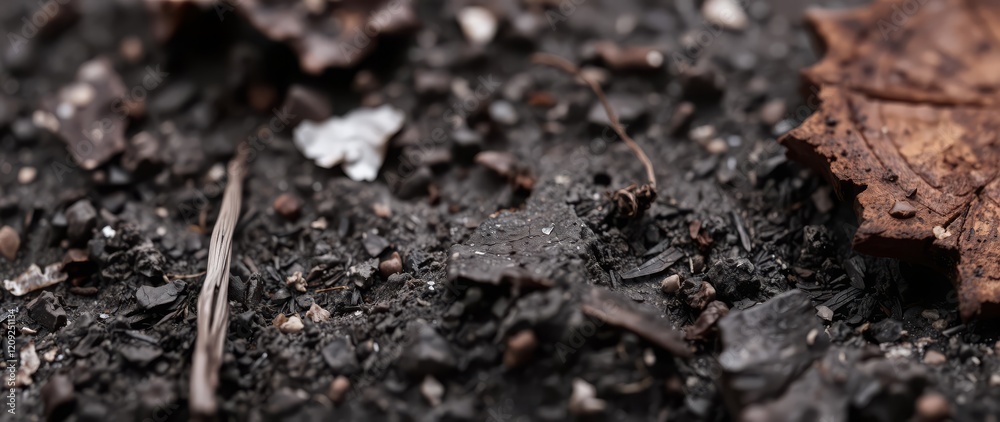 Close-up of dark soil with scattered leaves and twigs, showcasing natural textures Close-up of dark soil with scattered leaves and twigs, showcasing natural textures