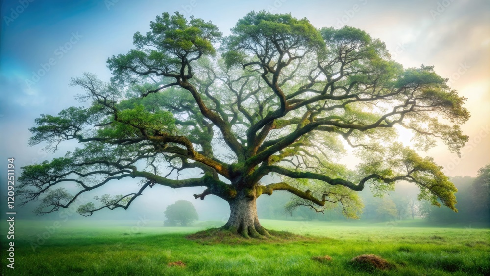 Ancient oak tree with gnarled branches and twisted trunk stands alone in a misty meadow, branch, trunk Ancient oak tree with gnarled branches and twisted trunk stands alone in a misty meadow, branch, trunk