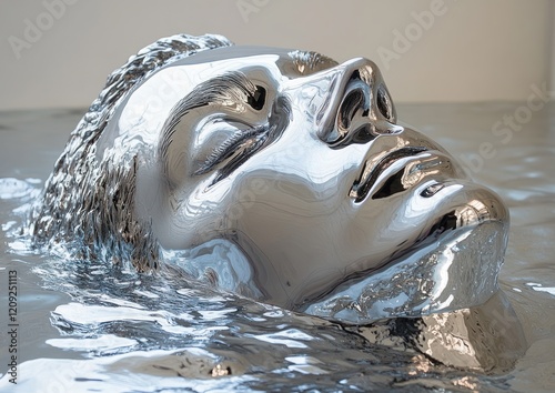 Hyper-realistic chrome sculpture of male cyborg head melting over white background photo
