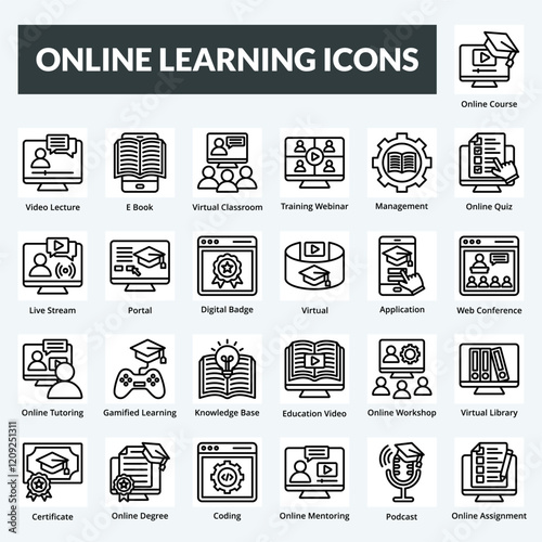 online learning vector line icon set