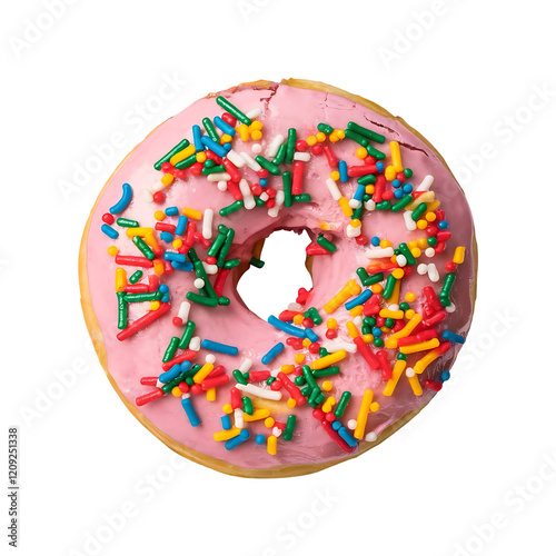 Pink donut decorated with colorful sprinkles isolated on transparent background. Flat lay. Top view