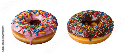 Chocolate and strawberry donut decorated with colorful sprinkles isolated on transparent background.