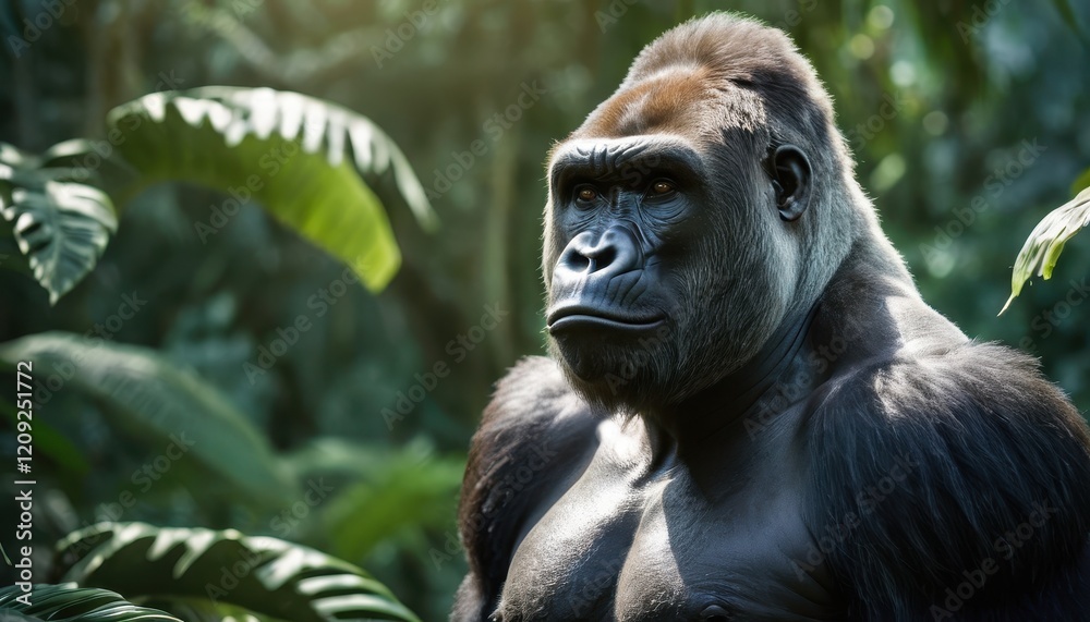 Obraz premium Majestic silverback gorilla in the lush green jungle, showcasing its strength and intelligence with a piercing gaze amidst a vibrant natural habitat