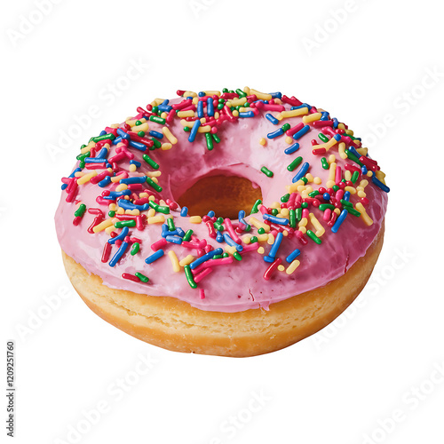 Pink donut decorated with colorful sprinkles isolated on transparent background.