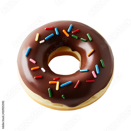 Pink donut decorated with colorful sprinkles isolated on transparent background. Flat lay.