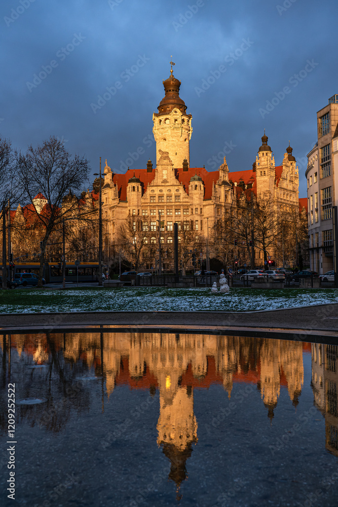 Obraz premium The new town hall in Leipzig in the evening sun in winter. Reflection on a body of water in the foreground. Portrait shot of this atmospheric moment.