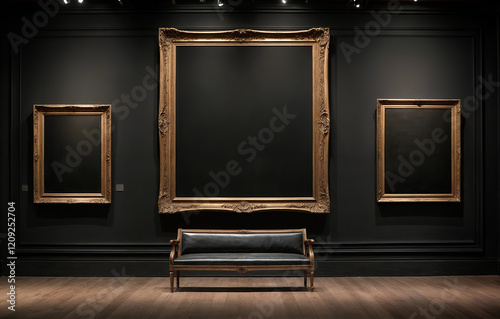 Antique art gallery frame on royal black wall in auction house or museum, exhibition blank template with white blank copy space for artwork concept mockup design
