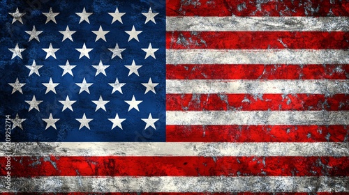 A weathered and textured American flag with a vintage, distressed look, symbolizing patriotism and national pride. photo