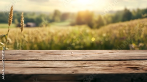 Golden Necklace on Rustic Wooden Table with Blurred Summer Field Background photo