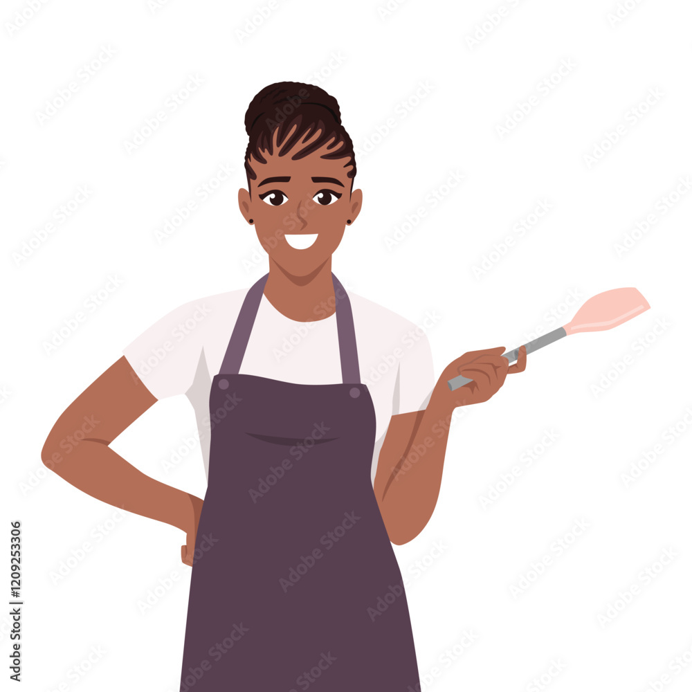Housewife woman wearing apron with spatula for cooking. Flat vector Character Illustration Housewife woman wearing apron with spatula for cooking. Flat vector Character Illustration