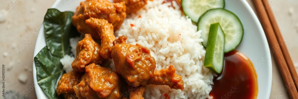 Close-up shot of a plate of flavorful Hainanese chicken rice served with crispy fried chicken, fresh cucumber slices and chili sauce, presentation, plate Close-up shot of a plate of flavorful Hainanese chicken rice served with crispy fried chicken, fresh cucumber slices and chili sauce, presentation, plate