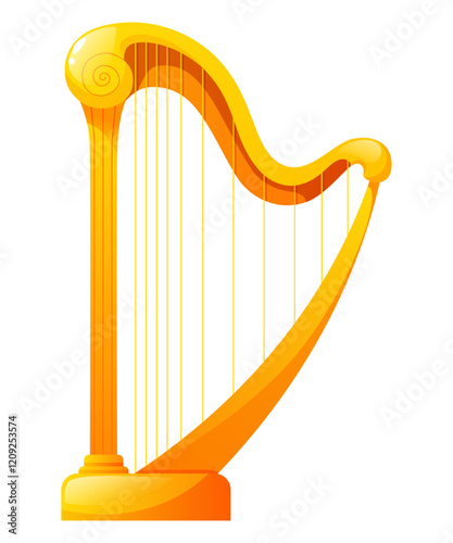 Classical musical instrument, golden harp on white background. Antique musical stringed equipment.