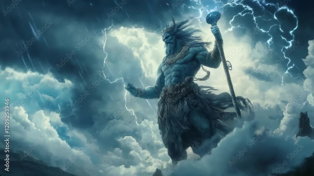 Majestic thunder god commanding powerful storms and dark clouds in a dramatic sky scene

