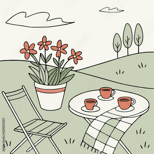 Flowers vase on the table with cups of tea in the garden