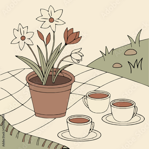 Flowers vase on the picnic blanket, relaxing moment.
