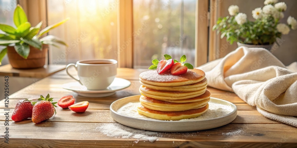 A delightful stack of fluffy pancakes, adorned with fresh strawberries and a dusting of powdered sugar, sits on a rustic wooden table beside a cup of tea, bathed in warm, sunlit ambiance.