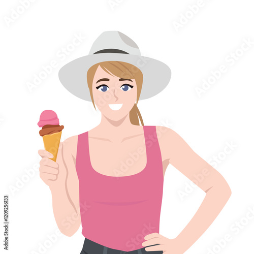 Smiling Woman in Summer Hat Enjoying Ice Cream on a Sunny Day. Flat vector Character Illustration