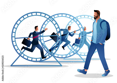 Businessmen racing in a hamster wheel symbolize repetitive pursuit of success, while a casual man walking opposite represents freedom and entrepreneurship. A contrast of hustle versus individuality