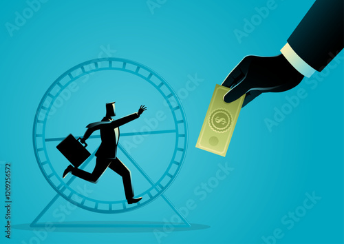 Businessman running on a hamster wheel, desperately reaching for dollars held by giant hands. Symbol of rat race, corporate exploitation, and the illusion of success through empty promises