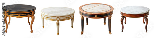A collection of antique round wooden tables showcasing various classic luxury furniture styles including baroque rococo neoclassical biedermeier chippendale and Louis XIV XV and XVI