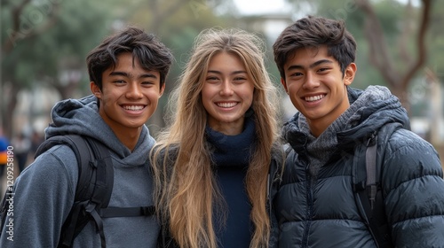 Three Diverse Young Adults Smiling Together in a Natural Outdoor Setting, Showcasing Friendship and Joy in a Candid Moment, Youth and Happiness