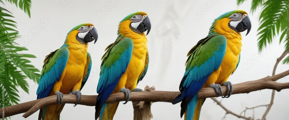 Obraz premium Blue and gold macaw resting on a branch with green leaves on a white background, peaceful atmosphere, natural beauty, colorful foliage