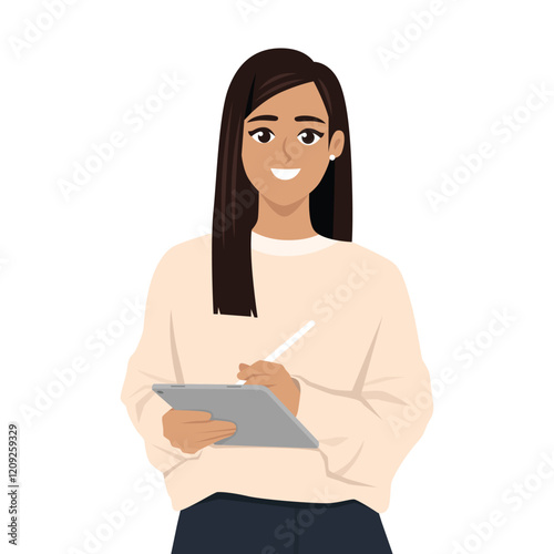Woman Writing on Tablet. Flat vector Character Illustration