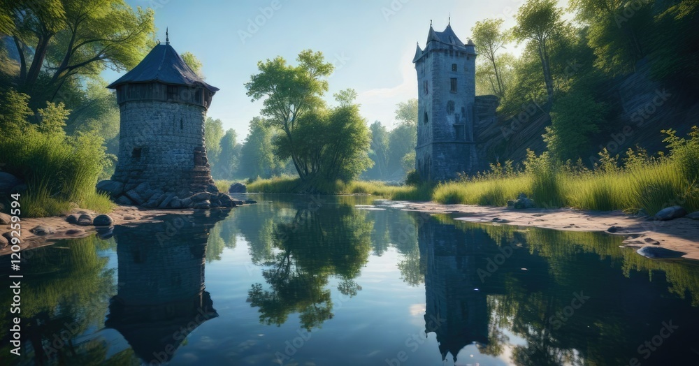 Obraz premium Blue tower reflected in calm water of small river , landscape, castle