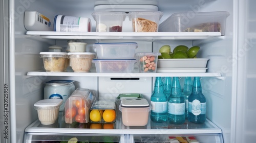 A well-organized refrigerator neatly stocked with medicines and organic produce, blending health and nourishment in orderly harmony.