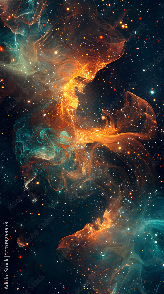 Obraz premium Abstract Background - Cosmic Nebula, Stars, Galaxy, Space Dust, and Orange and Teal Nebulae