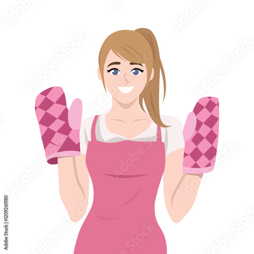 Woman wearing apron and holding oven mitts, symbolizing cooking or baking activities. Flat vector Character Illustration
