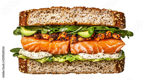 A fresh and healthy sandwich with salmon, avocado, and whole grain bread, isolated on a transparent background, perfect for nutritious meals, balanced eating, and food styling.