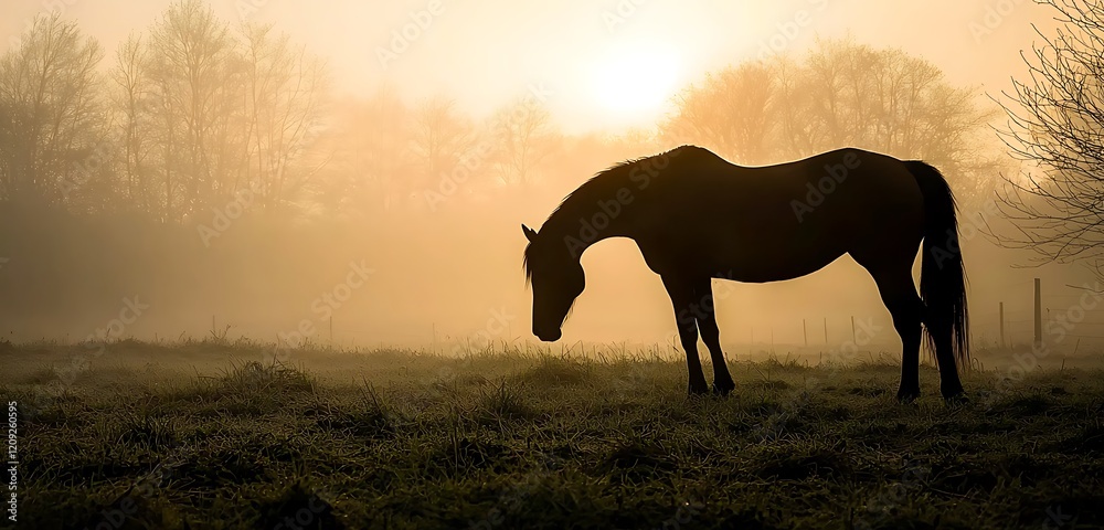 Artistic portrayal of a horse silhouette against a foggy morning backdrop. Artistic portrayal of a horse silhouette against a foggy morning backdrop.