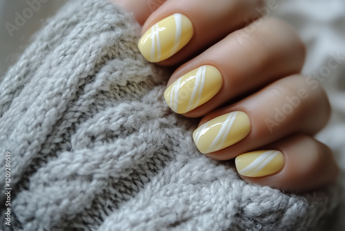 Simple pale yellow nails with tiny gold details resting on a beige knitted fabric background
