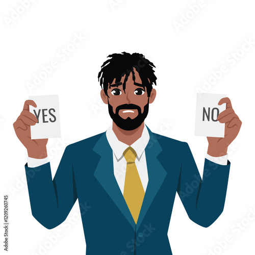 Young man holding YES and NO cards, with conflicted facial expression suggesting indecision. Flat vector Character Illustration