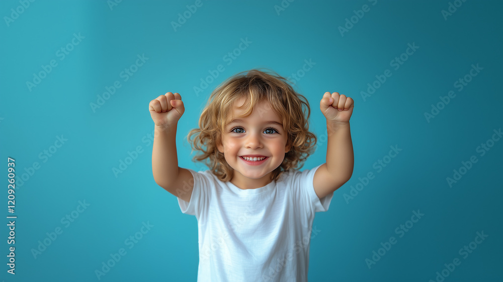 little boy cheering with excitement with his hands up on solid blue background little boy cheering with excitement with his hands up on solid blue background