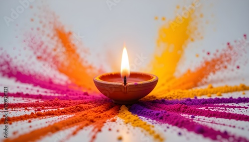 Diya amidst Holi colors.Burning diya surrounded by Holi powder.Clay lamp with colorful powder. photo