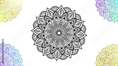 Abstract circular monochrome mandala pattern, seamless loop. Animation. Black and white.