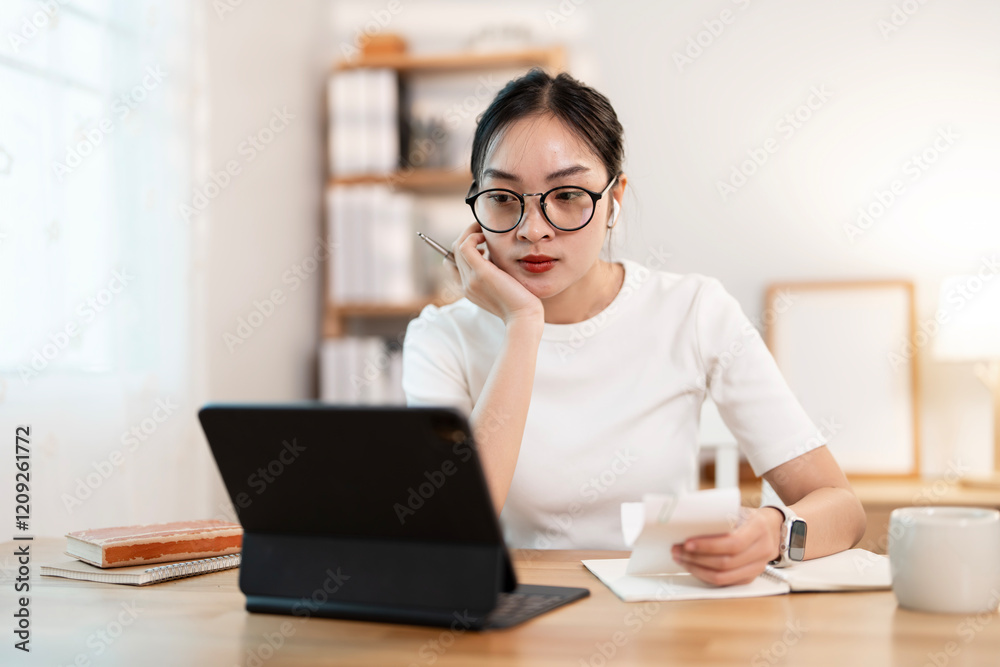 Young woman using computer working online at home. Young woman using computer working online at home.