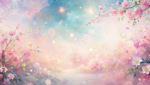 Enchanted Springtime Meadow A Dreamlike Pastel Landscape of Blossoming Branches and Glimmering Lights
