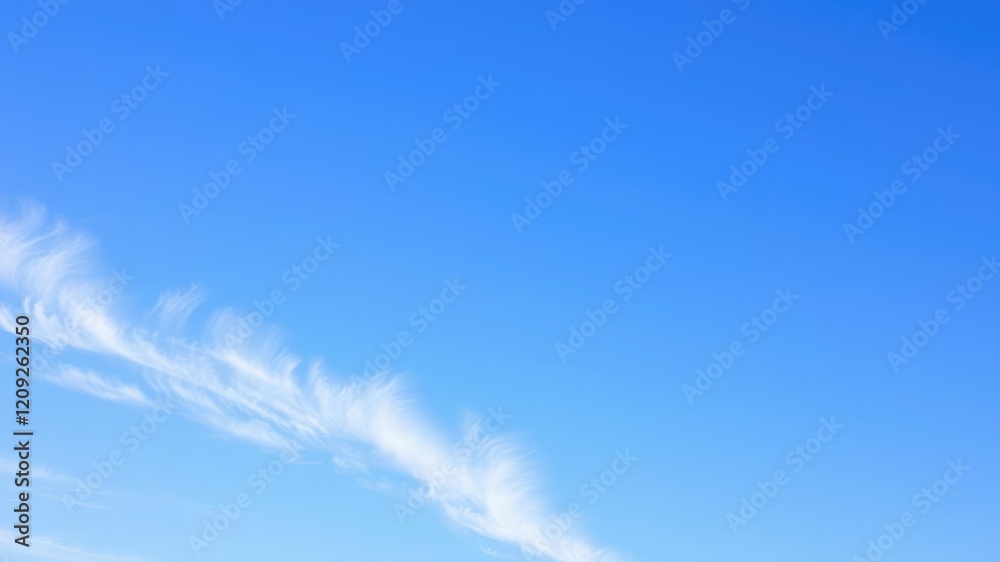Calming blue sky with thin white cirrus clouds floating gently across the horizon, soft focus, calm blue sky